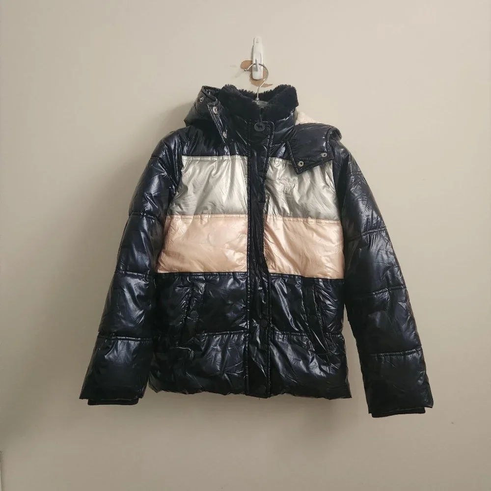 *SOLD* ABERCROMBIE & FITCH | color-block jacket puffer glossy navy pink sz 9 10 - Picture 2 of 7